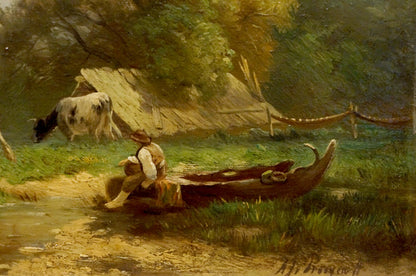 Oil painting of rustic canoe on grassy bank by stream with cows in pasture
