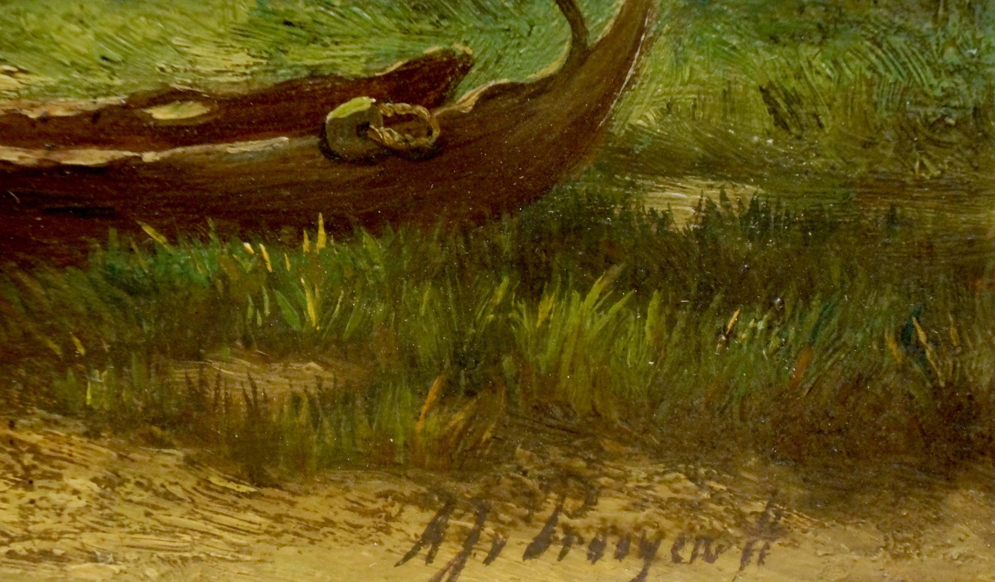 Oil painting of cows in riverside pasture by unknown artist