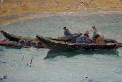 Oil painting by Knishevsky Vladimir Leonidovich of two wooden boats on water with figures in blue and orange hats