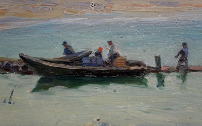 Oil painting of weathered dark wooden rowboat on calm water by Knishevsky Vladimir Leonidovich