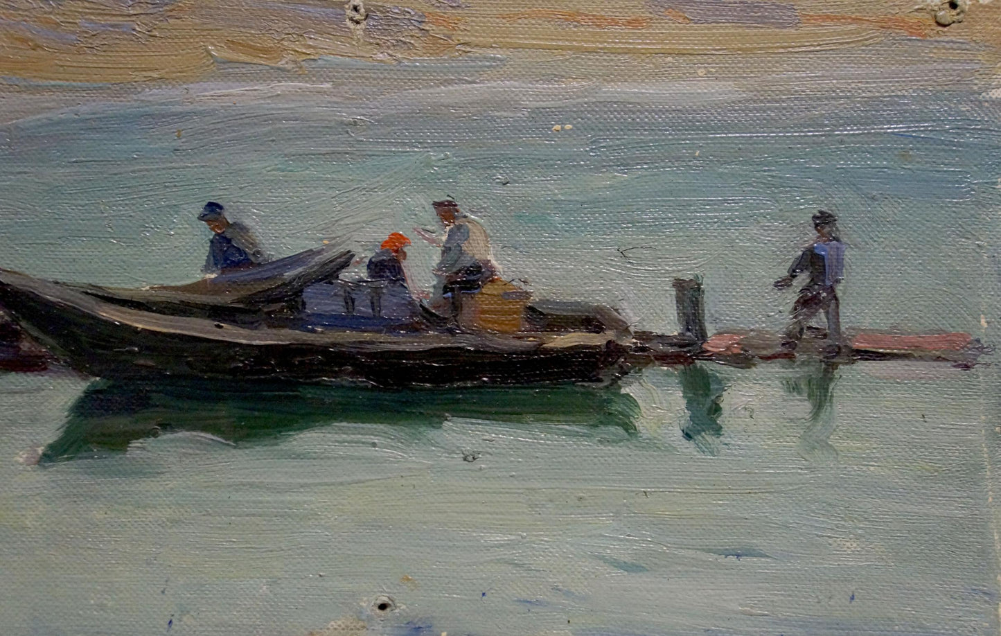 Oil painting Seascape by Knishevsky Vladimir Leonidovich: impressionistic dark wooden rowboat with figures