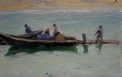 Oil painting Seascape by Knishevsky Vladimir Leonidovich: impressionistic dark wooden rowboat with figures
