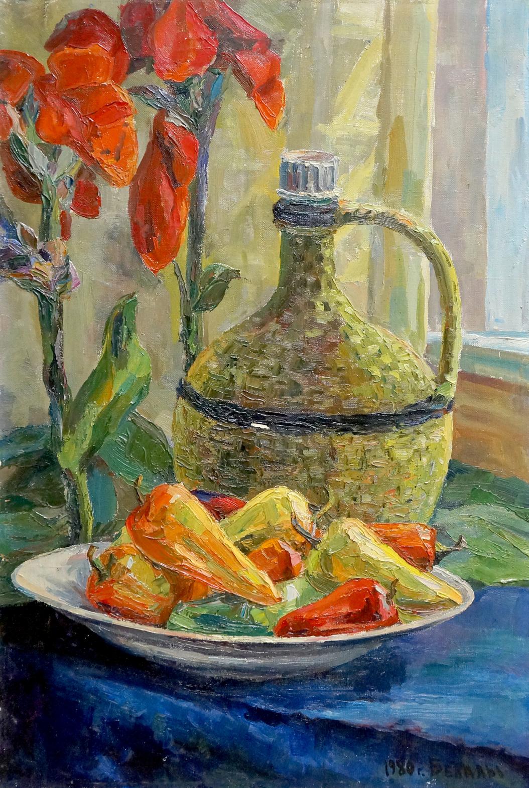 Textured olive-green ceramic jug with silver cap in Oil painting Pepper and apples