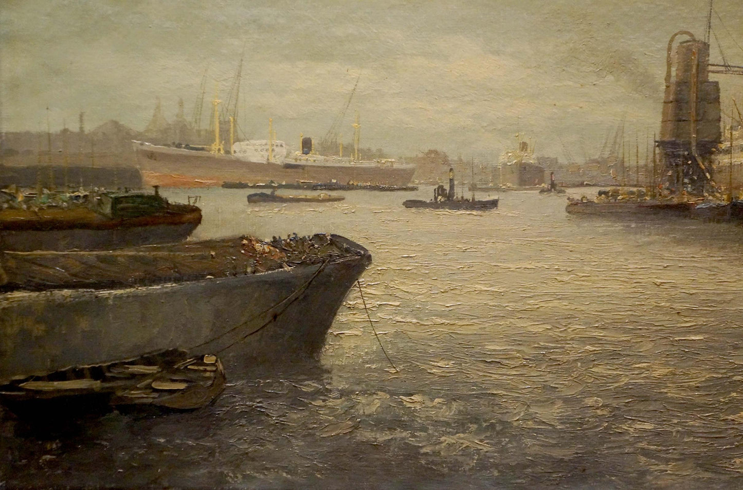 Muted oil painting of bustling harbor landscape with ships