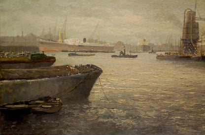 Muted oil painting of bustling harbor landscape with ships