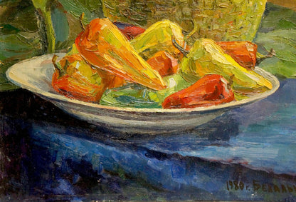 Oil painting of white bowl with vibrant orange yellow peppers