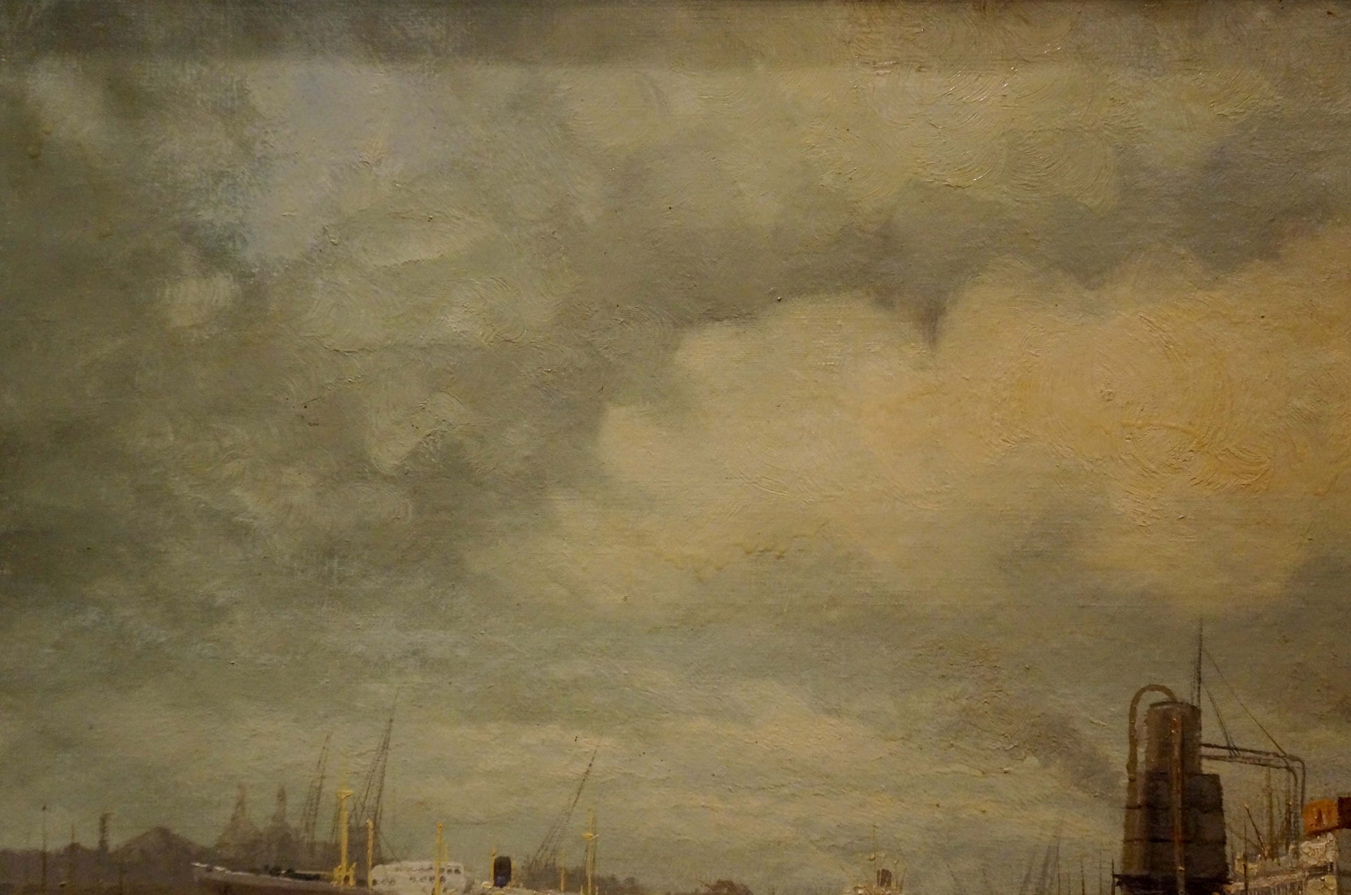 Oil painting landscape with ships: muted impressionistic cloudy harbor cranes