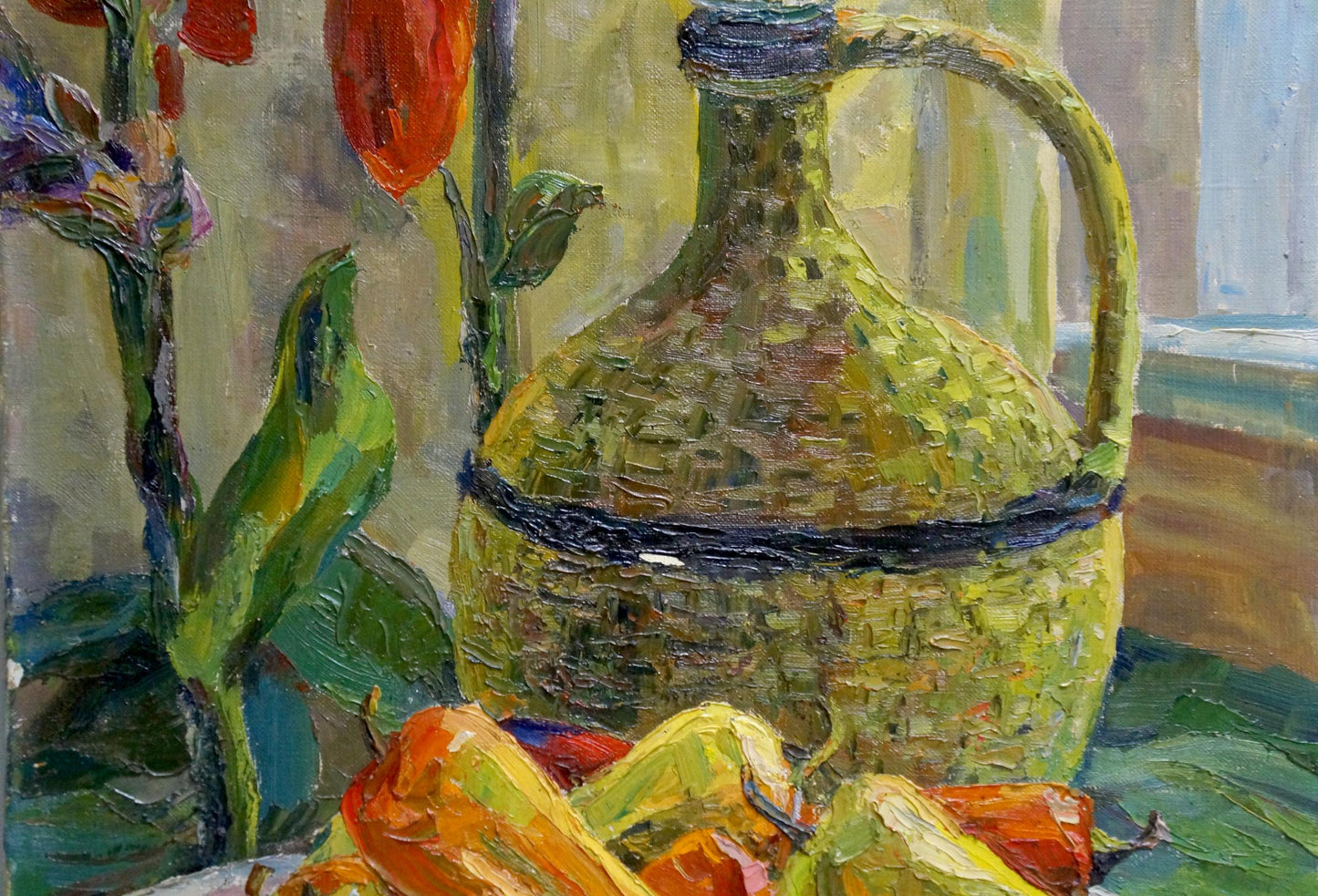 Oil painting Pepper and apples textured olive-green ceramic jug