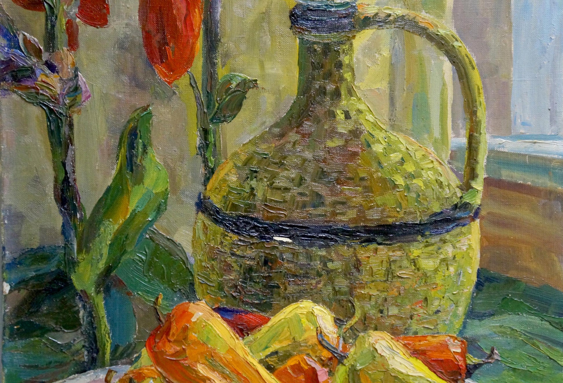 Oil painting Pepper and apples textured olive-green ceramic jug