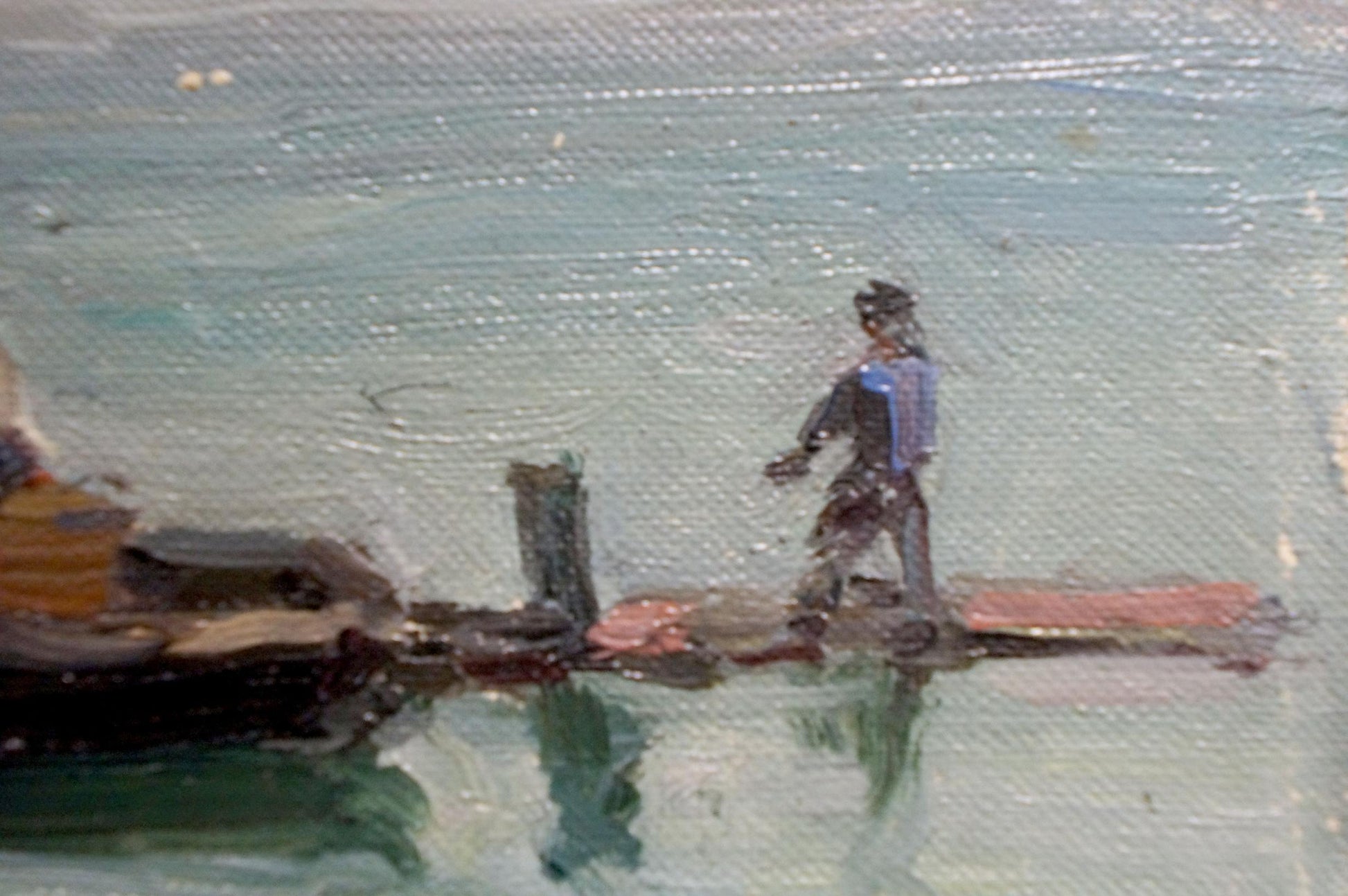 Oil painting by Knishevsky Vladimir Leonidovich: figure in dark clothing with blue vest on weathered pier