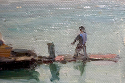 Oil painting by Knishevsky Vladimir Leonidovich: figure in dark clothing with blue vest on weathered pier