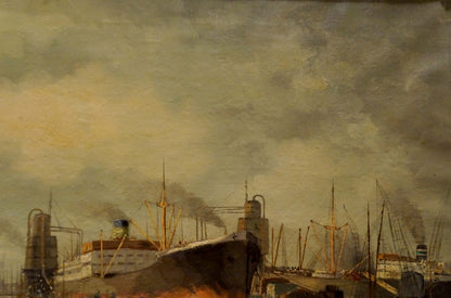 Oil painting of dark-hulled steamship docked under overcast sky