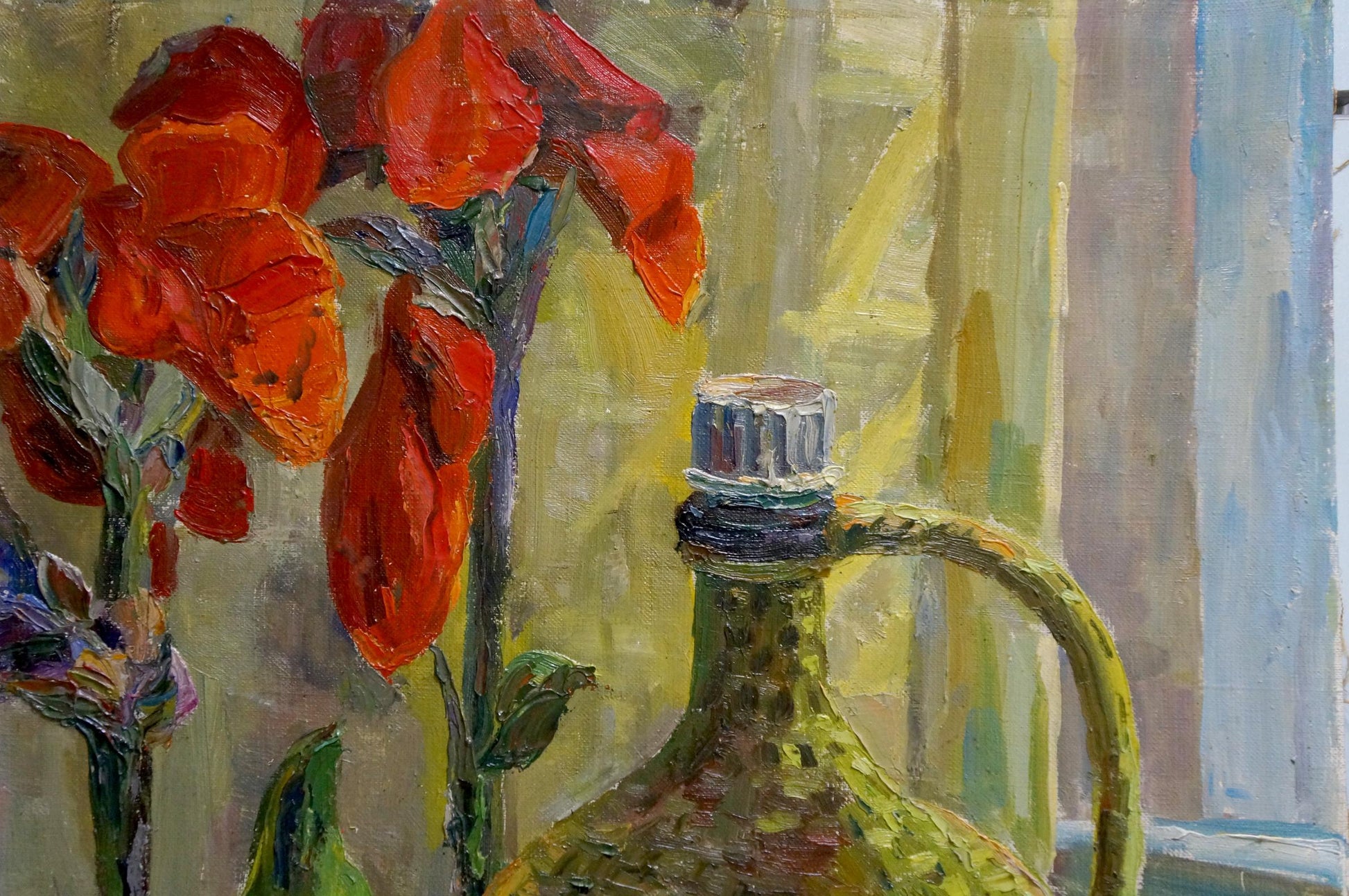 Greenish-yellow ceramic jug with silver cap in Oil painting Pepper and apples