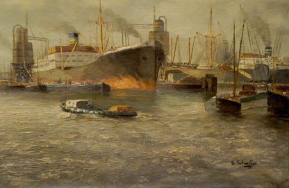 Oil painting landscape with ships in bustling harbor under overcast sky