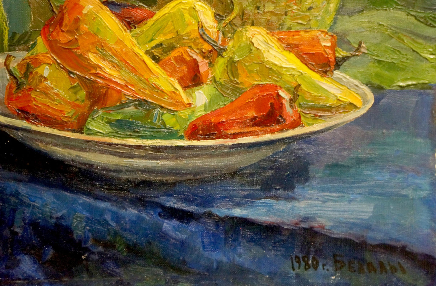 Oil painting of peppers and apples in vibrant impressionist style