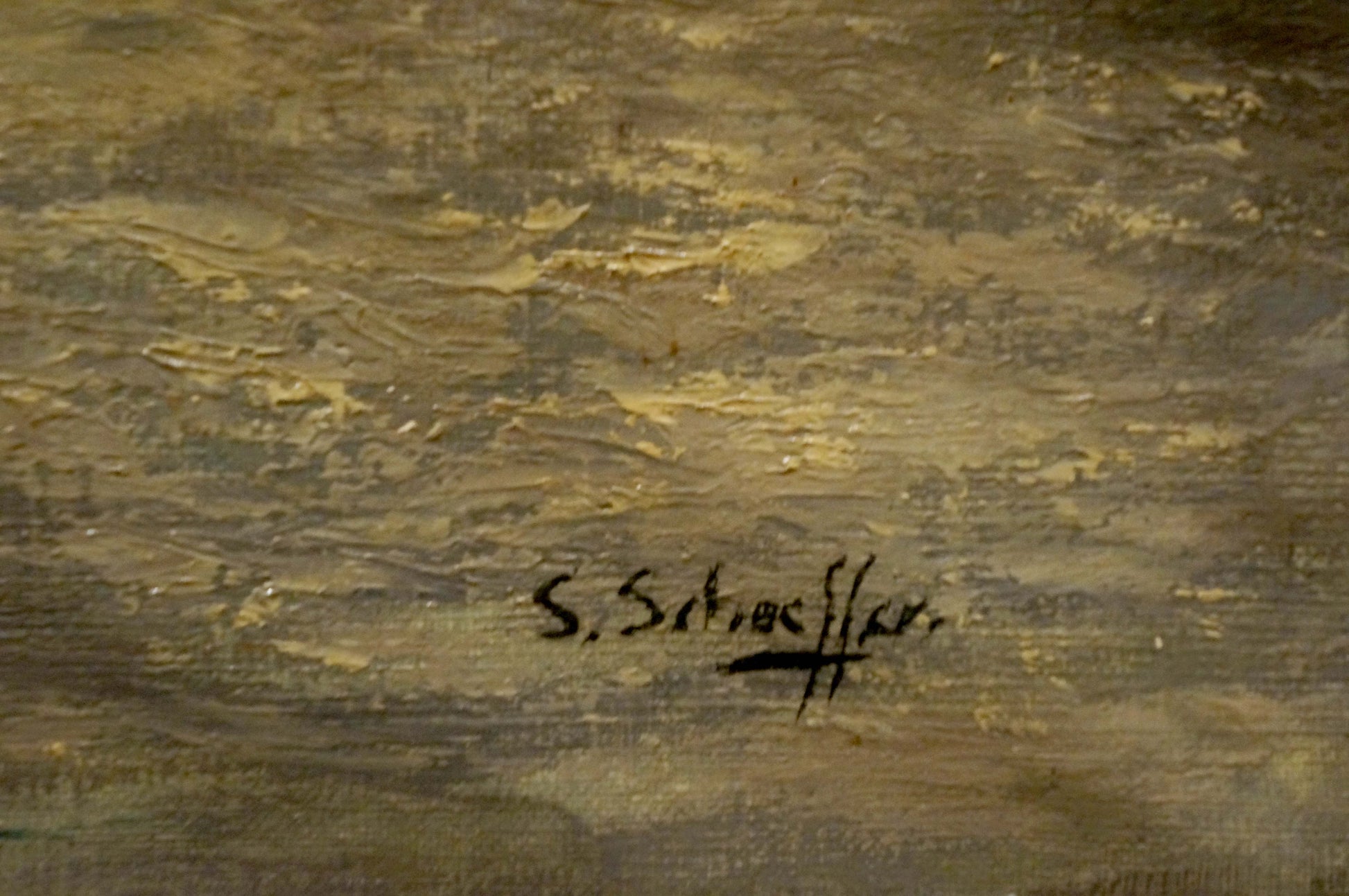 Textured earth-toned oil painting landscape with ships, visible brushstrokes and signature