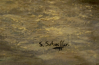 Textured earth-toned oil painting landscape with ships, visible brushstrokes and signature