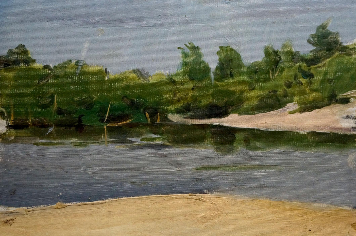 Serene oil painting On the shore by Pyotr Alekseevich Alekseev, tranquil river scene