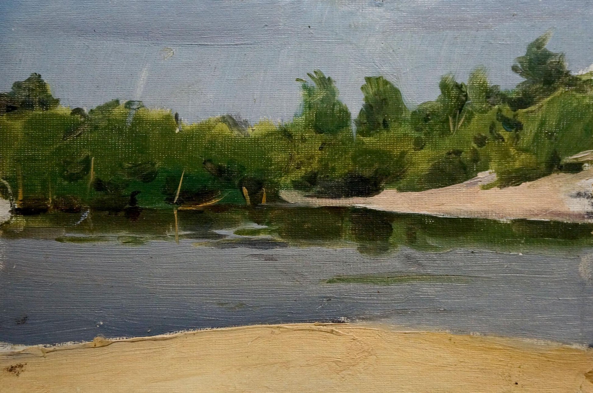 Serene oil painting On the shore by Pyotr Alekseevich Alekseev, tranquil river scene