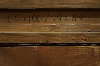 Back of Oil painting Landscape with ships: handwritten 60x100/79x119 measurements on wood