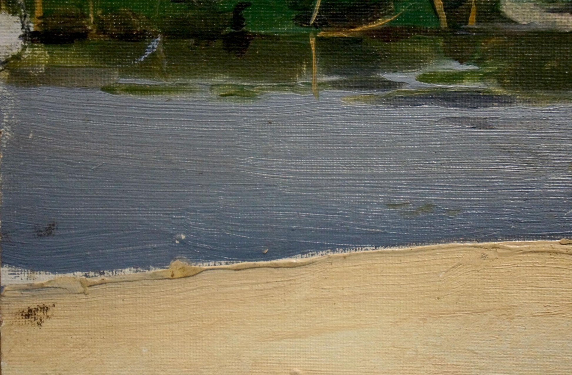 Oil painting On the Shore by Pyotr Alekseevich Alekseev, serene lake scene