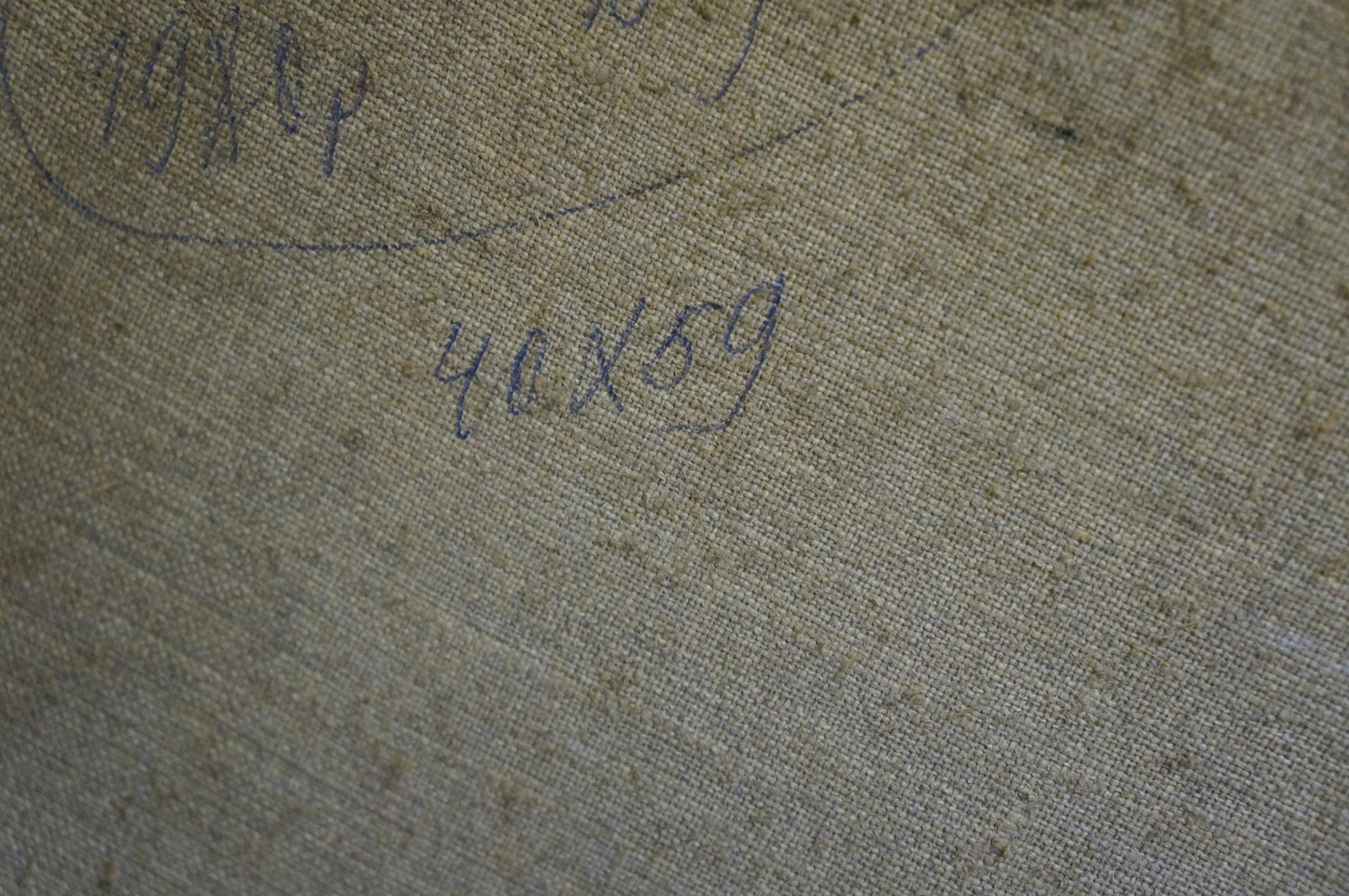 Back of Oil painting Pepper and apples faded beige canvas with blue ink measurements