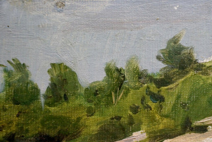 Oil painting On the Shore by Pyotr Alekseevich Alekseev: green foliage on blue sky