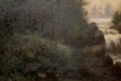 Textured oil painting of misty forest landscape with cascading waterfall