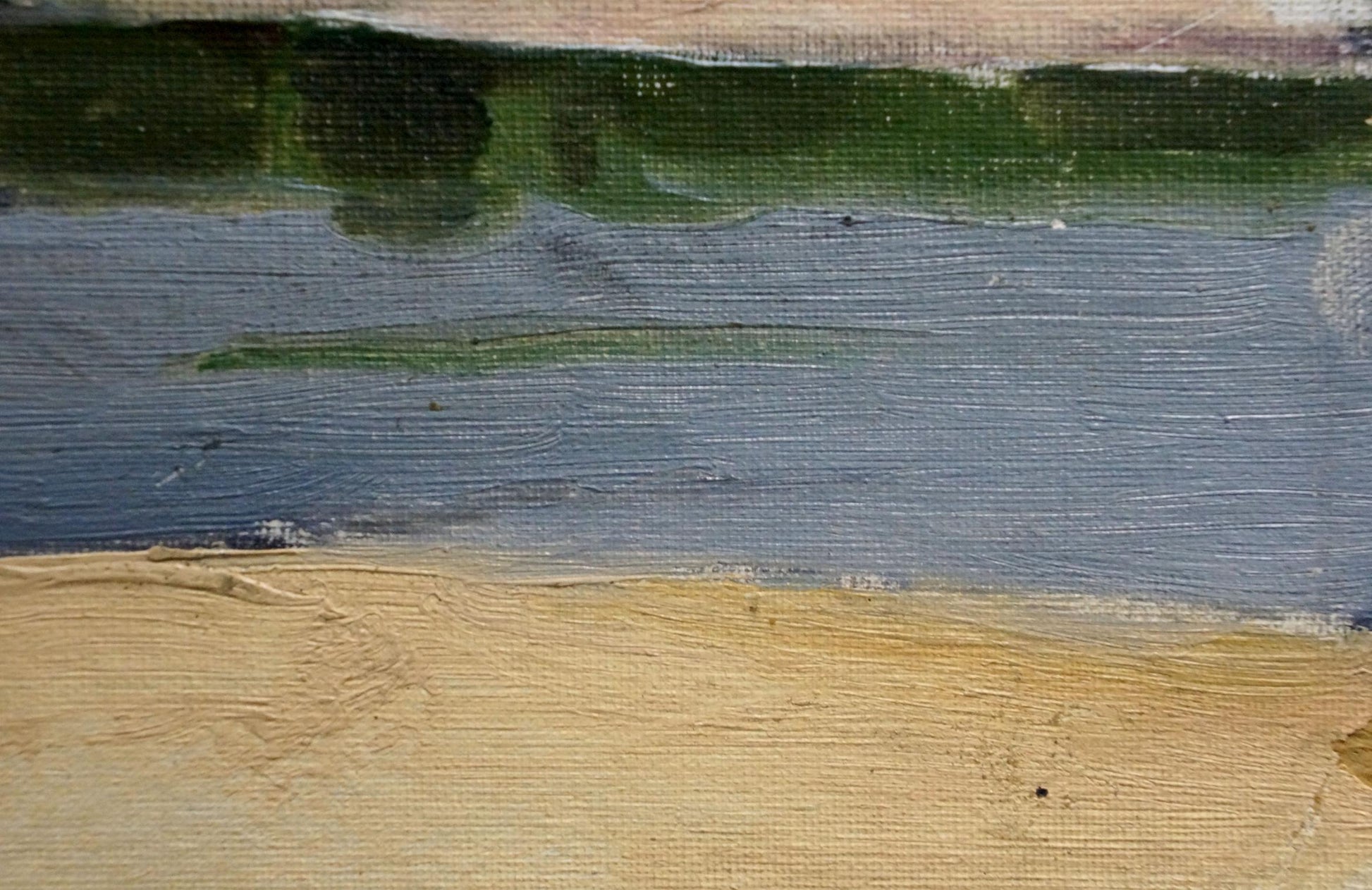 Abstract oil painting On the Shore by Pyotr Alekseevich Alekseev with green, gray-blue, tan bands