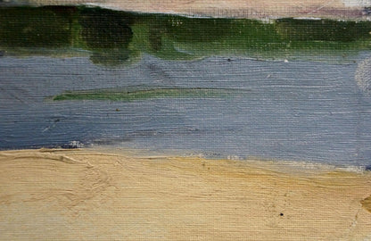 Abstract oil painting On the Shore by Pyotr Alekseevich Alekseev with green, gray-blue, tan bands