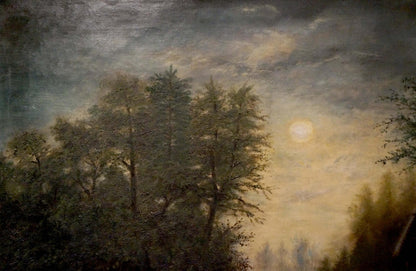 Moonlit forest oil painting landscape with waterfall in impressionistic style