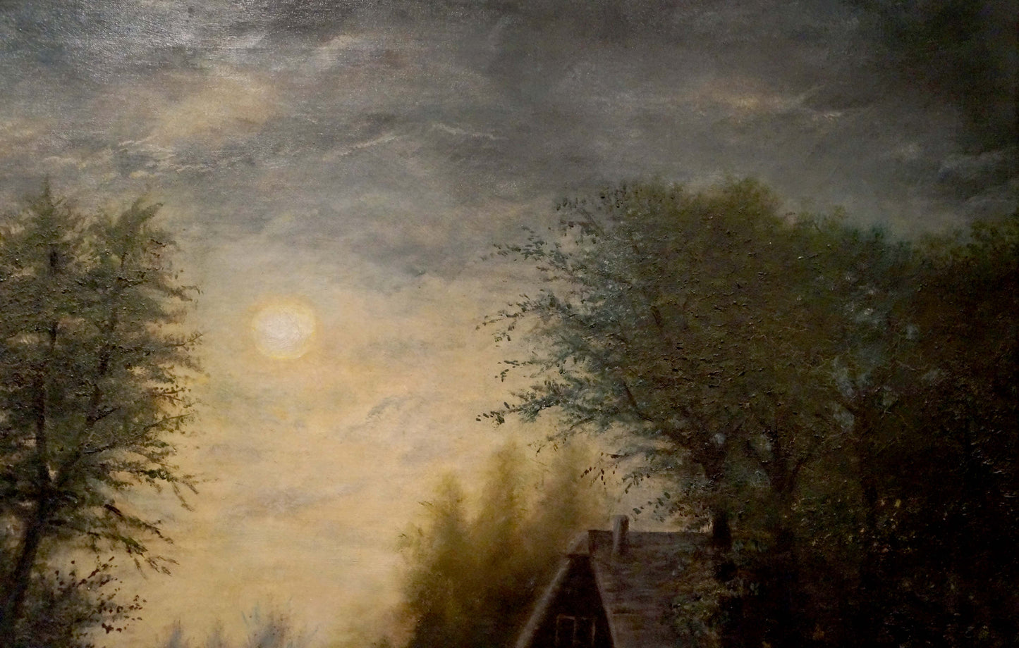 Oil painting of luminous moon over moody clouds, waterfall landscape