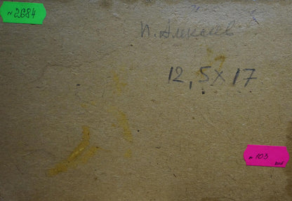 Back of beige textured canvas by Pyotr Alekseevich Alekseev with labels