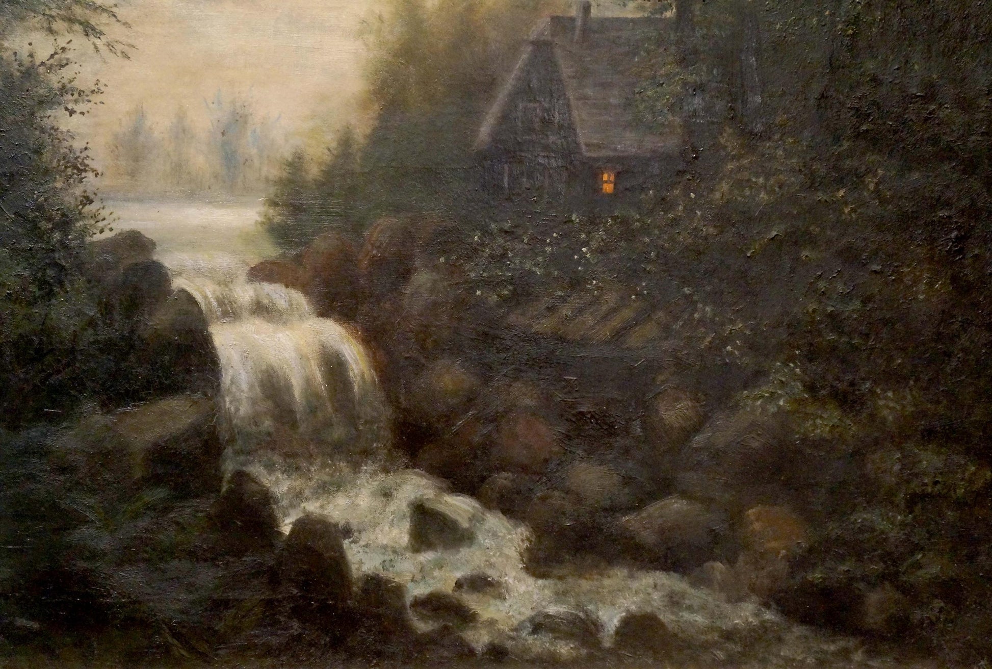 Oil painting of rustic wooden cabin by cascading waterfall in dense trees