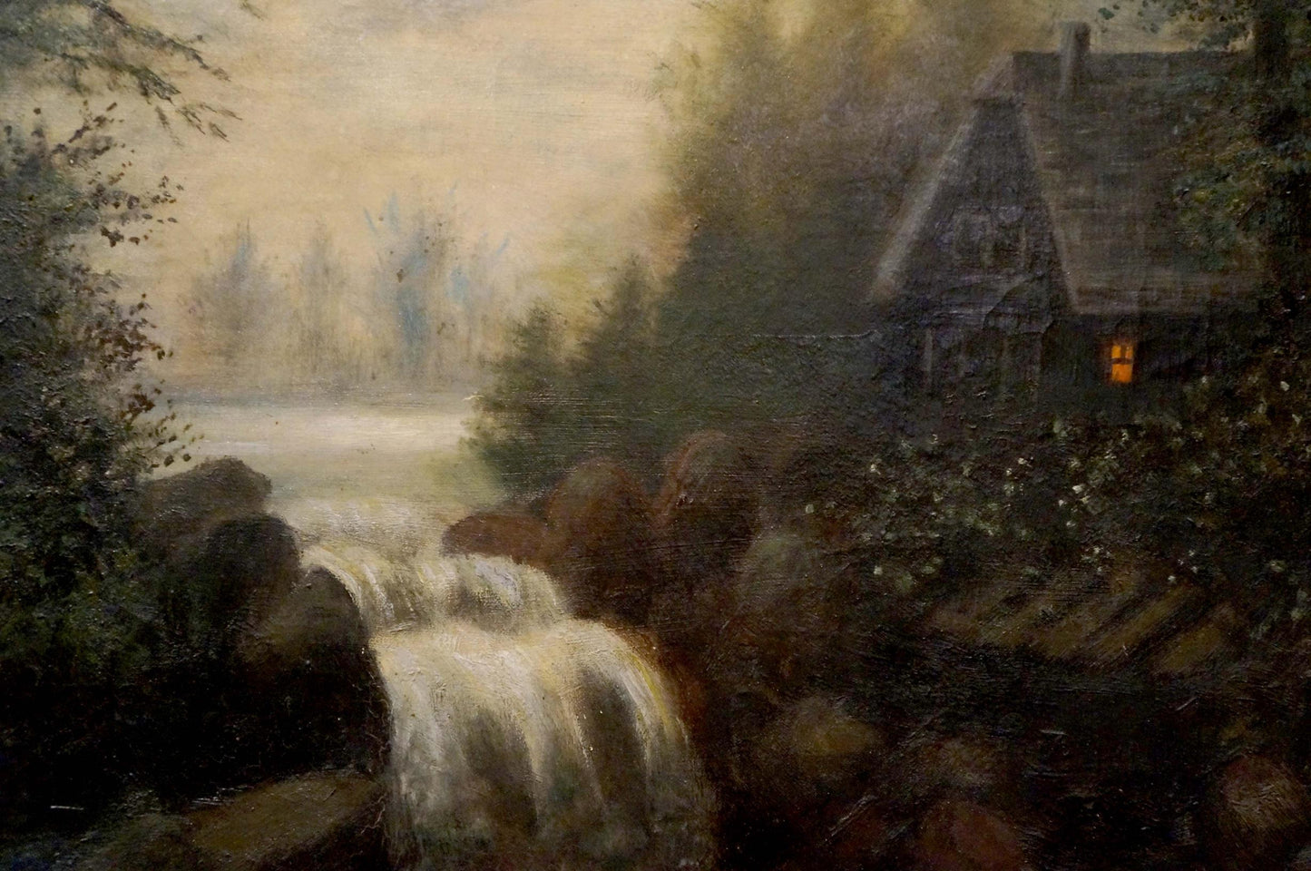 Oil painting of rustic cabin by waterfall with glowing window