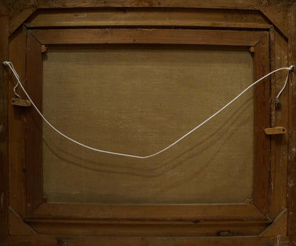Back of wooden-framed oil painting Landscape with a waterfall, beige canvas, white wire
