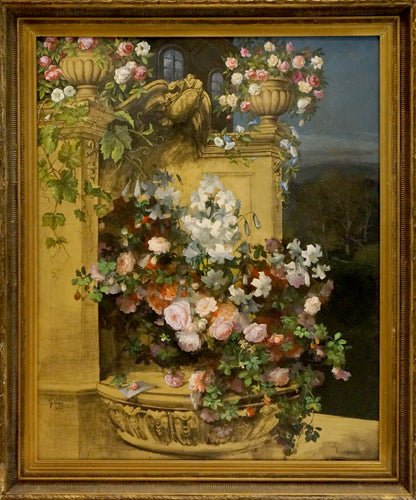 Oil painting of lush pink white roses overflowing ornate stone urn on balcony