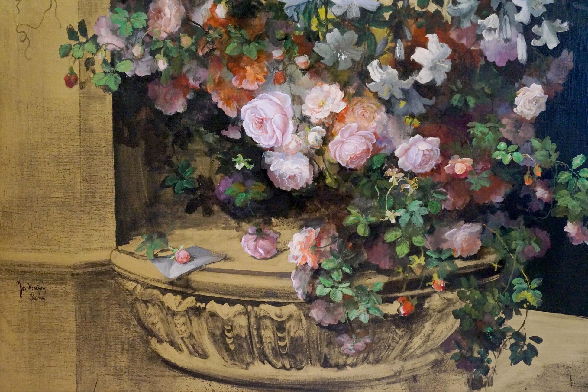 Oil painting of lush pink and white roses overflowing carved stone planter on balcony