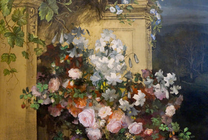 Oil painting of lush flowers on balcony in stone archway with roses and vines