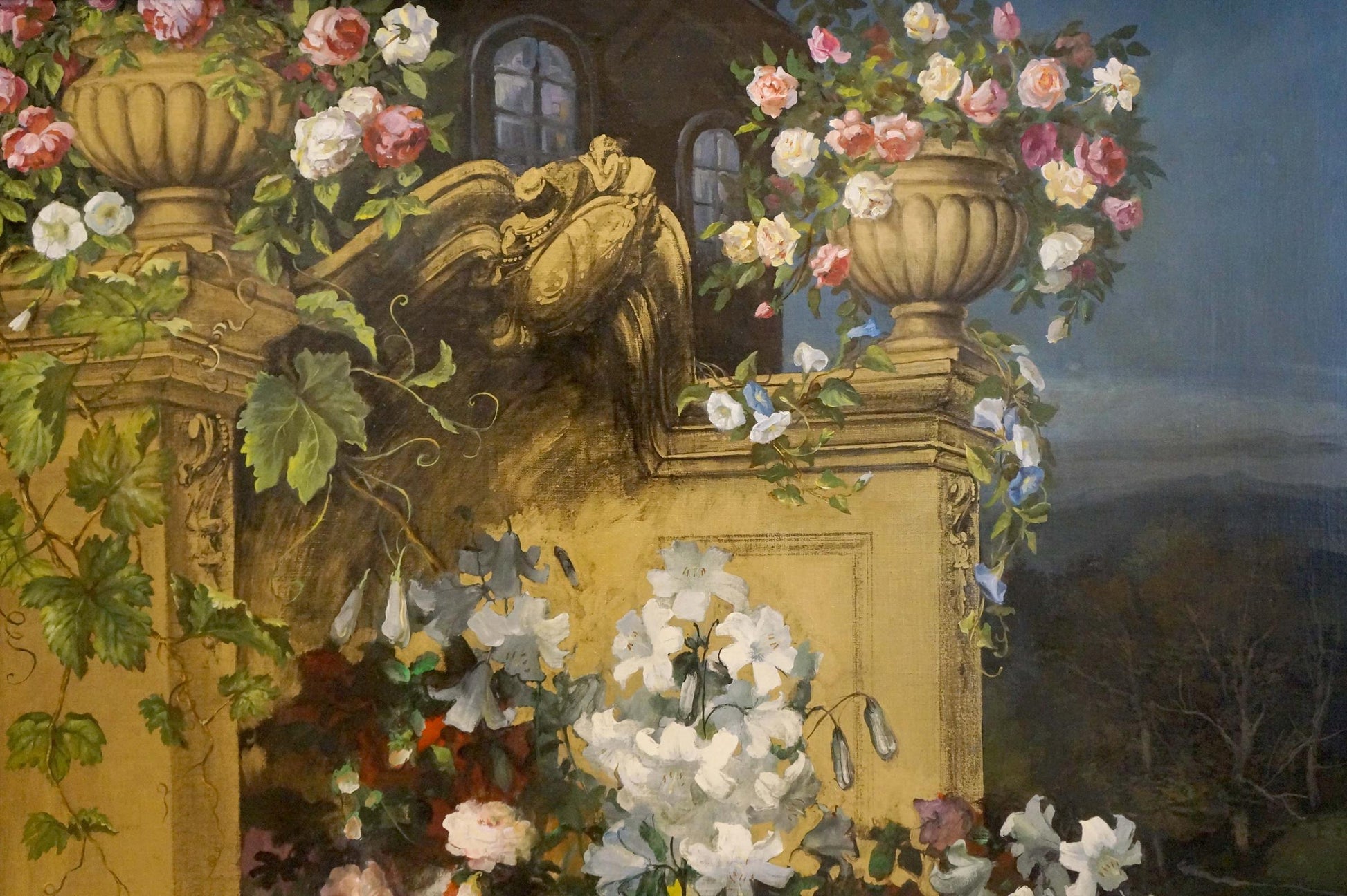 Golden gargoyle with flowers oil painting Flowers on the balcony