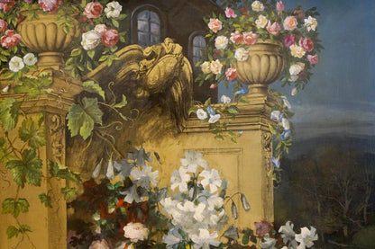 Golden gargoyle with flowers oil painting Flowers on the balcony