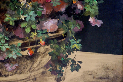 Oil painting of pink peach roses cascading from earth-toned vase on balcony