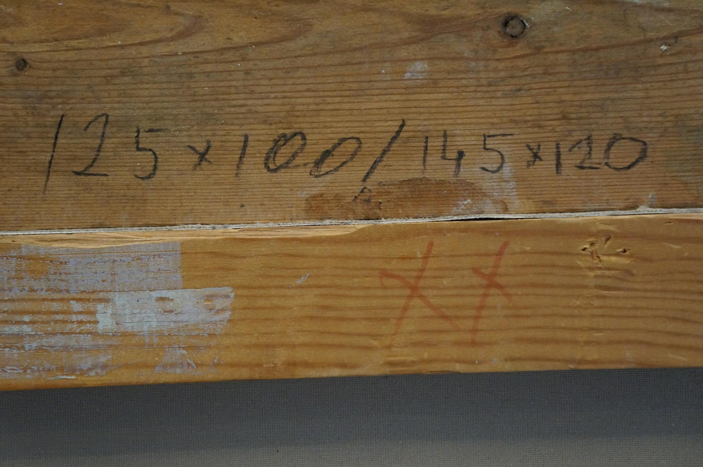 Back of oil painting Flowers on the balcony with handwritten measurements on weathered wood