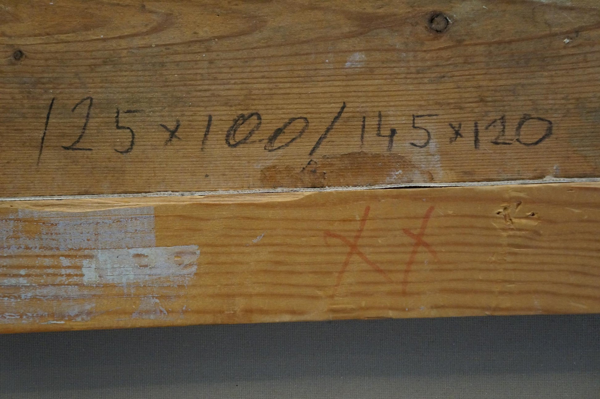 Back of oil painting Flowers on the balcony with handwritten measurements on weathered wood