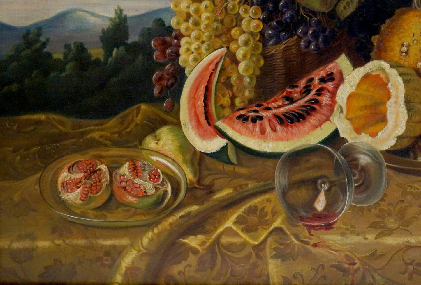 Oil painting of vibrant red watermelon slice with black seeds on golden tablecloth