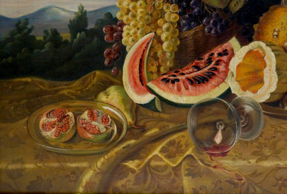Oil painting of vibrant red watermelon slice with black seeds on golden tablecloth