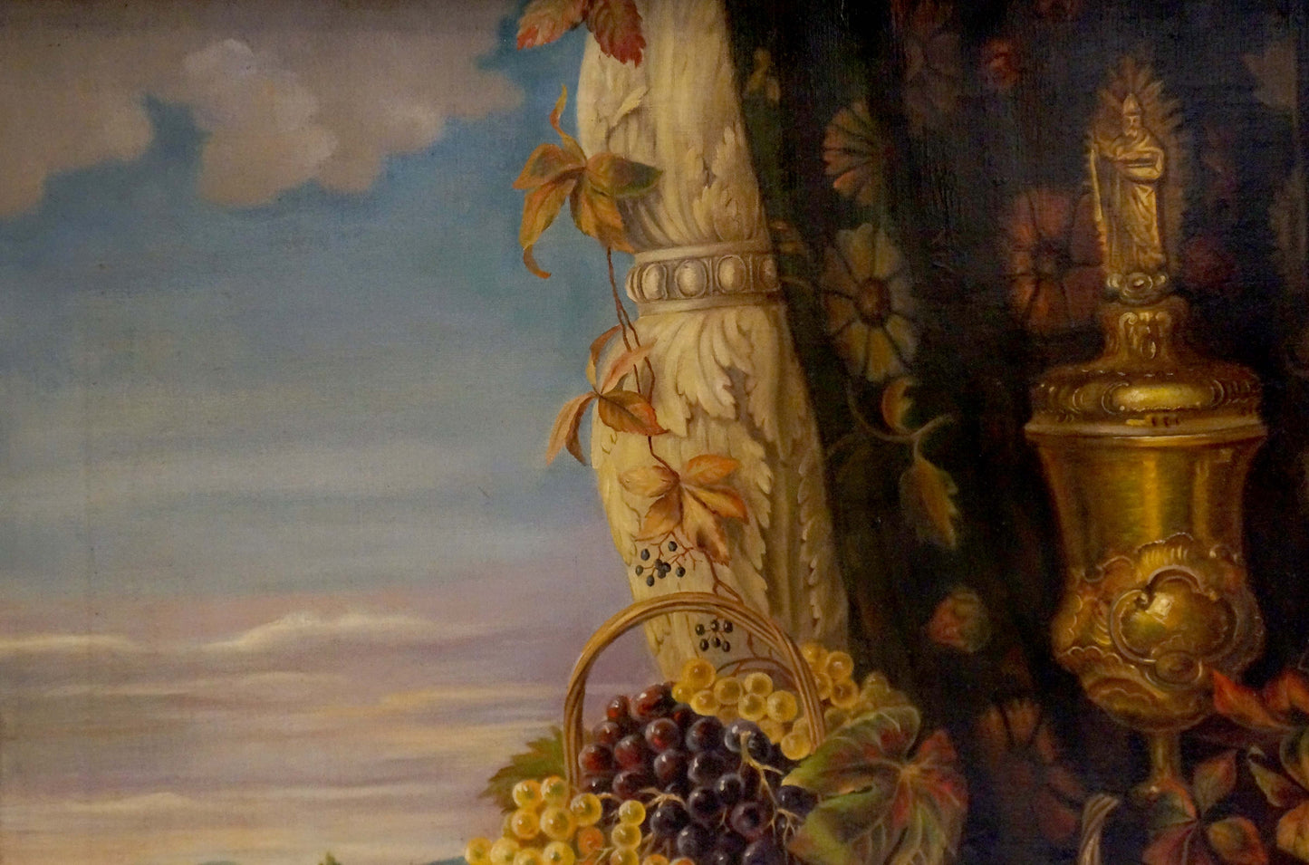Oil painting Still life with fruit: golden ornate goblet with floral carvings