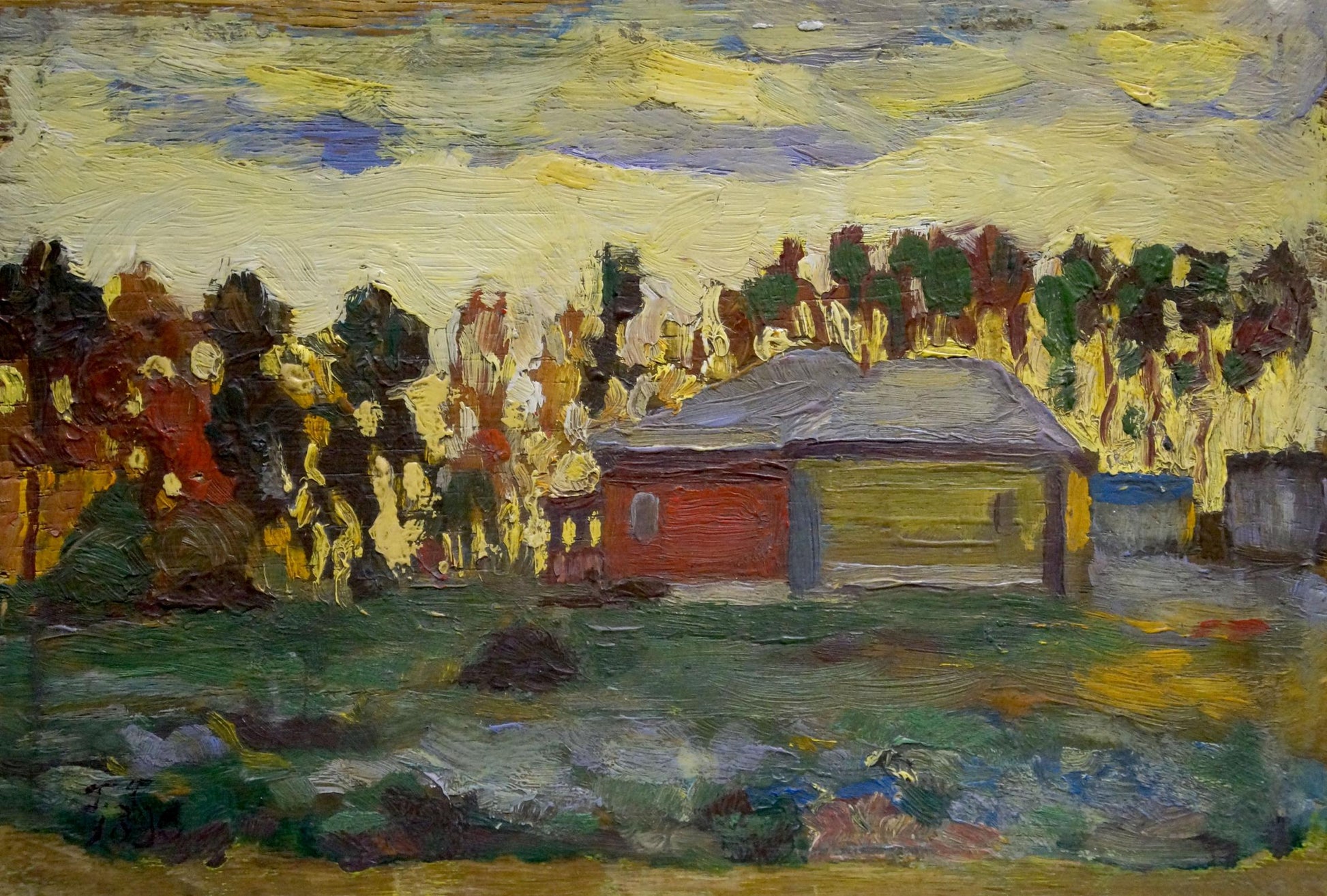 Oil painting Twilight in the Countryside by Konchalovsky, red yellow house gray roof trees textured sky