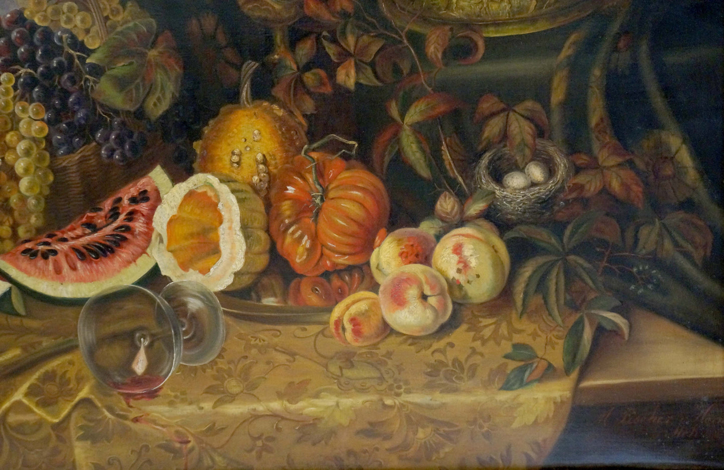 Oil painting still life with autumn fruits, vegetables, nest and eggs