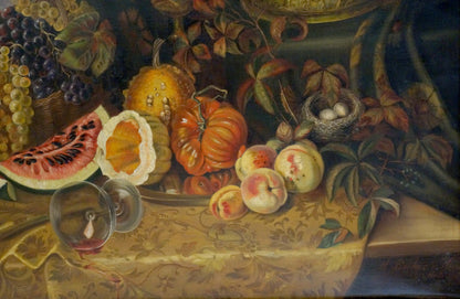 Oil painting still life with autumn fruits, vegetables, nest and eggs